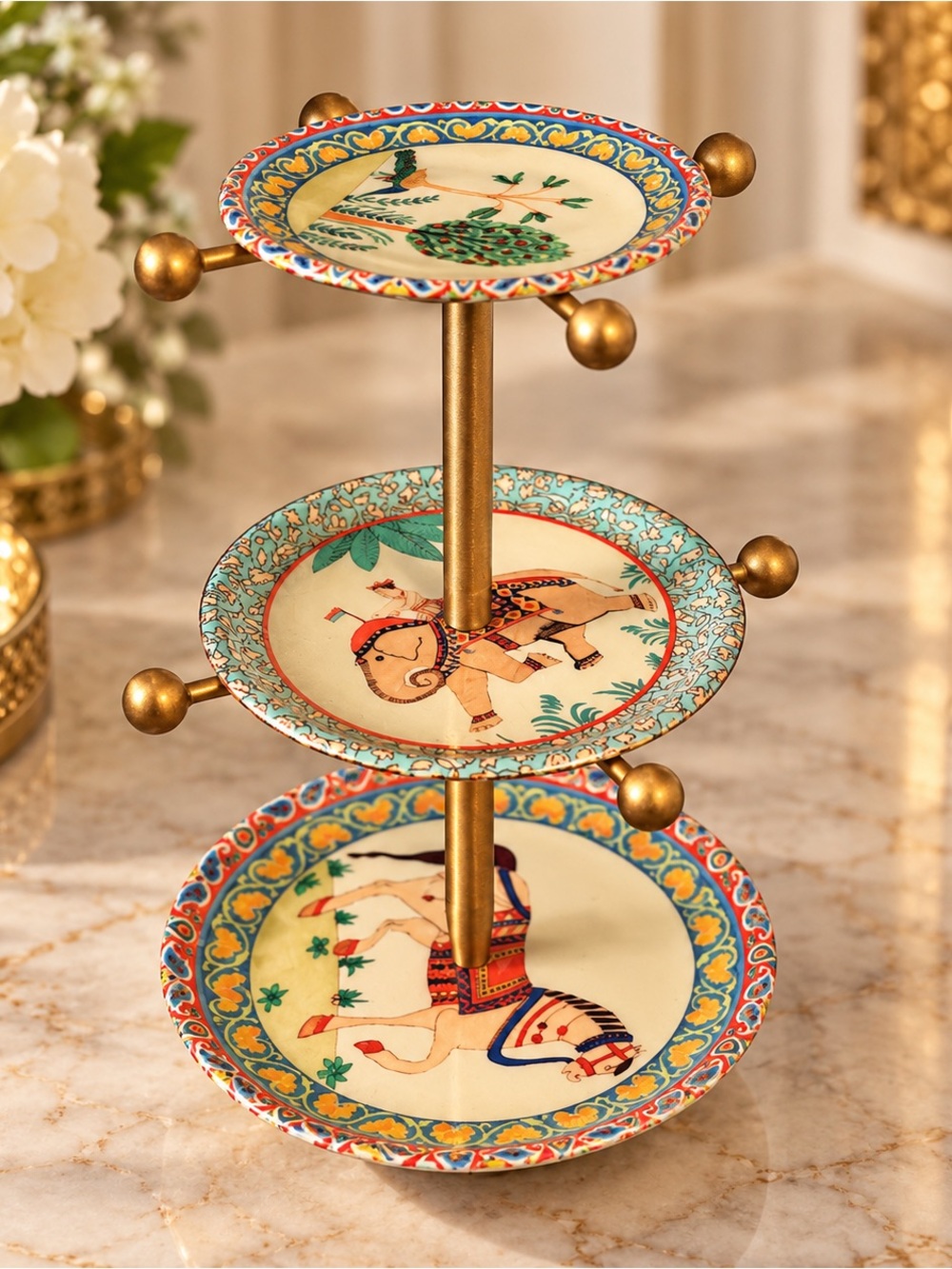 3-Tier Decorative Jewelry & Trinket Stand – Elephant, Peacock & Horse Design